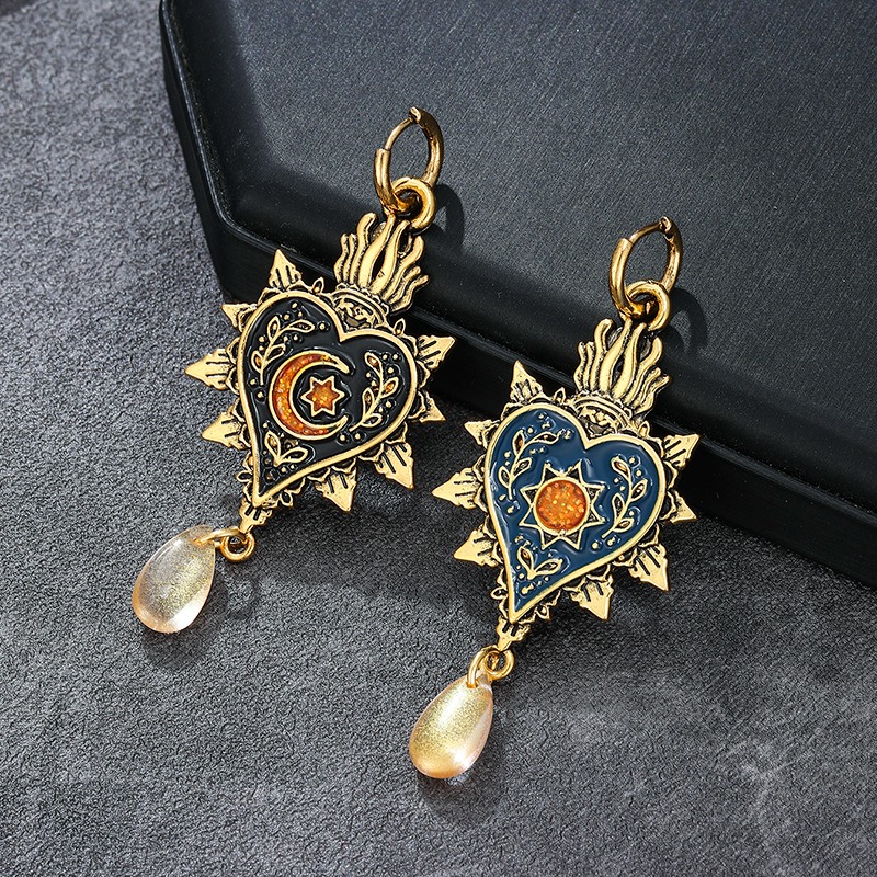 TEMU Bohemian Mysterious Sun Moon Heart Shaped Male And Female Earrings, Asymmetric Enamel Heart Shaped Pendant Earrings With Tear Drop Pendant,