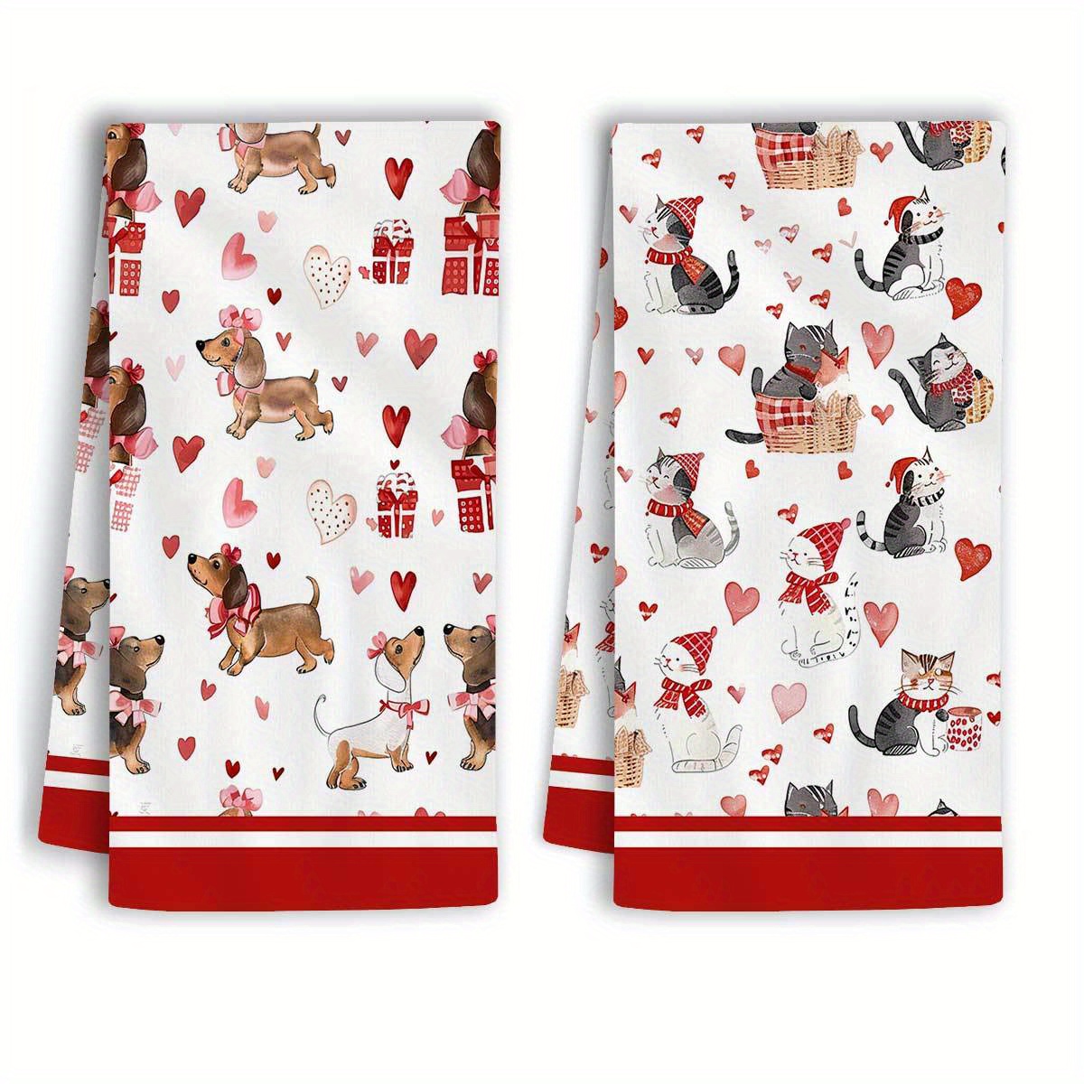 

2pcs, Valentine's Day Heart-themed Kitchen Towels, Dish Cloths, Lightweight, Cute Puppy Kitten Gift Box Small White Background Design, Hand Wash Only, With Decorative Hand Towels For Home And Hotel