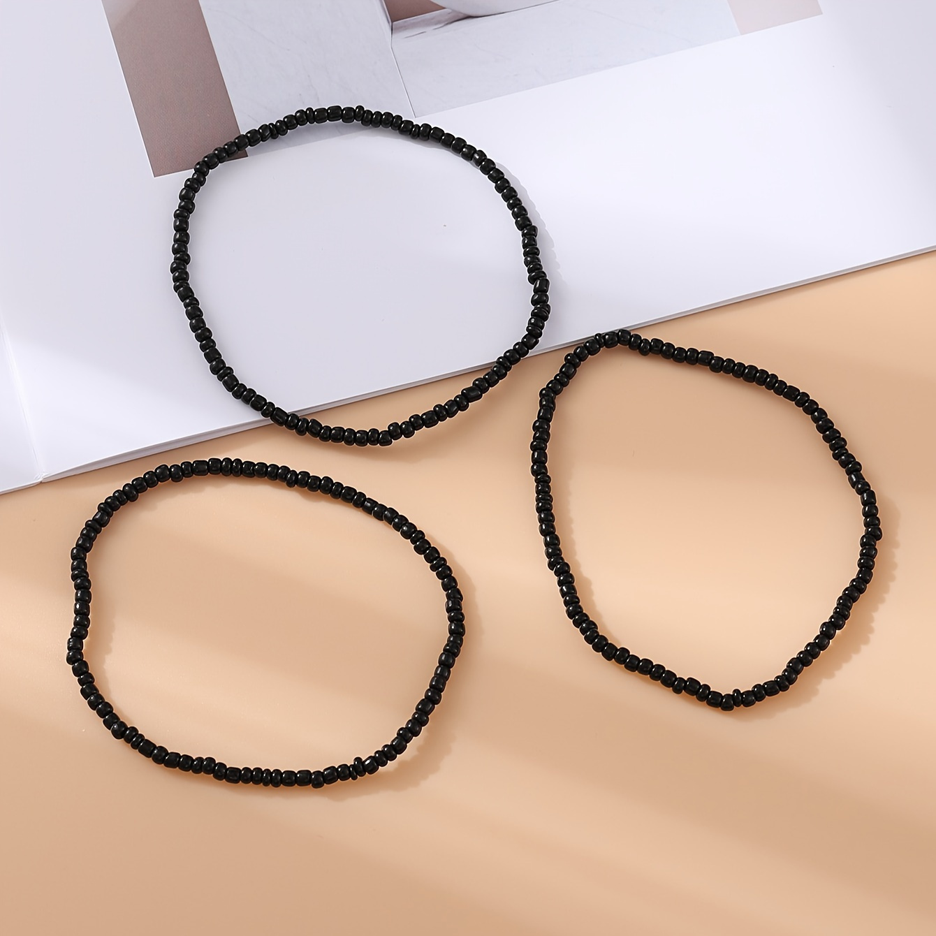 3pc Bohemian Layered Solid Black Bead Ankle Bracelet Set for Women