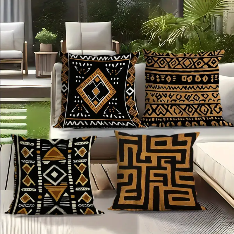 4pcs african tribal print decorative pillow covers double sided polyester with zipper closure machine washable indoor outdoor sofa bed couch pillowcases black golden geometric patterns no insert couch pillow covers Product details 0