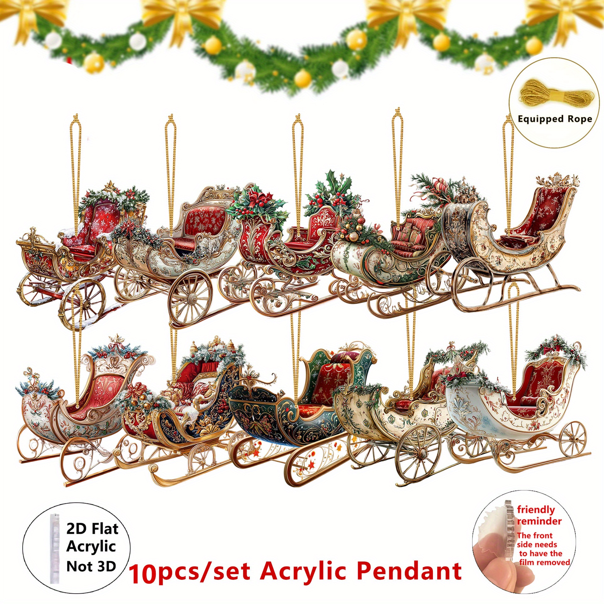 TEMU 2d Flat, 10pcs (or 2d Flat Compatible) Victorian Vintage Christmas Sleigh Acrylic Charms - Victorian Style Irregular-shaped Sleigh & Horse-drawn