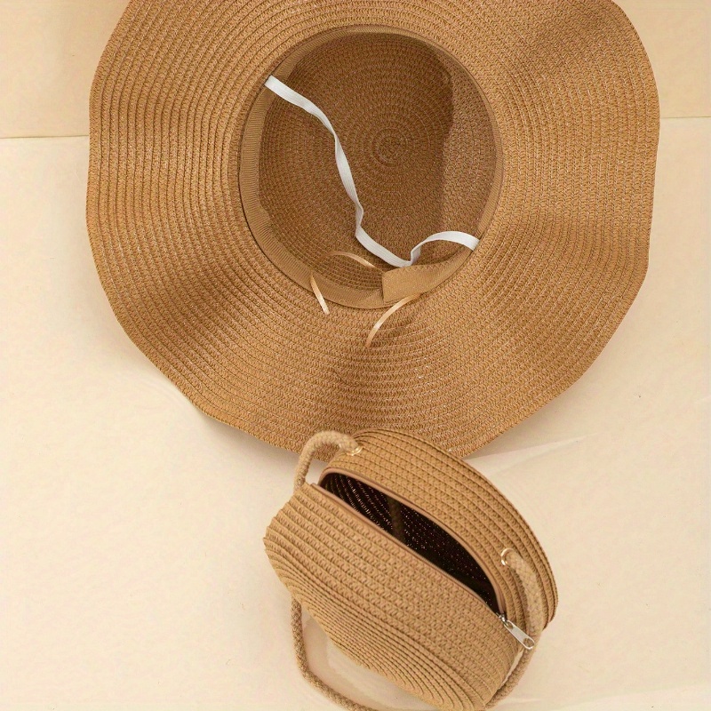 boho 2pcs set womens khaki wavy brim beach sun hat large  display picture 2