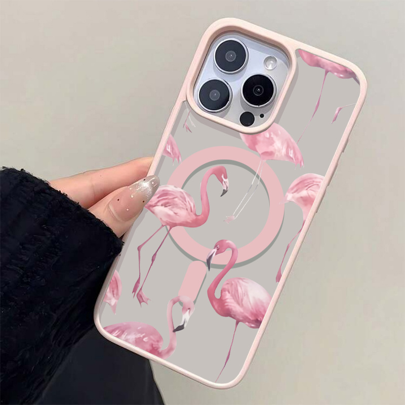 TEMU Phone Case - 1pc 2d Painted Pattern Magnetic Phone Case For 15promax 14pro 13 Cute Girly Flamingo Print Phone Case 12/11 Anti-fall Protective