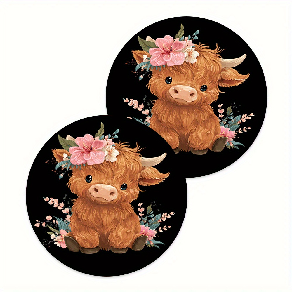 TEMU 2pcs Floral Highland Cow Absorbent Car Coasters - Car Interior Accessories, Car Drink Coasters And Home Desktop Coasters, Christmas Gift,