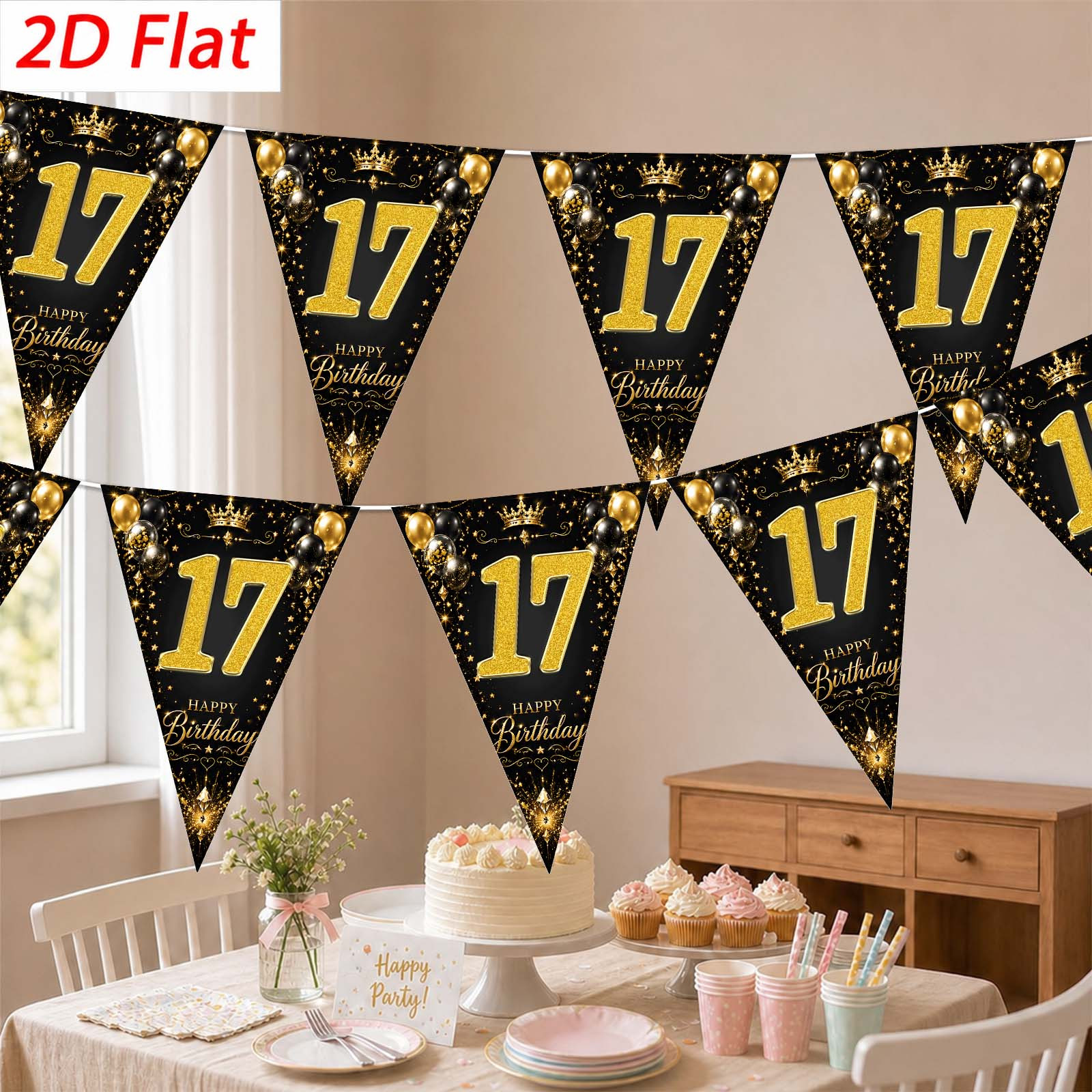 TEMU 2d Flat, 2d Flat Banner Party Pennant, 10pcs, Material, 17th Birthday Triangle Pennant Decoration, Black And Golden Color Scheme, Birthday Theme