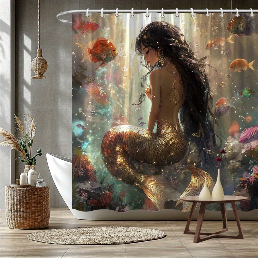 TEMU 1pc Mermaid & Fish Underwater Shower Curtain - Golden-tailed Mermaid With Vibrant Fish, Design, Durable Polyester Fabric, 70x70 Inch Bathroom