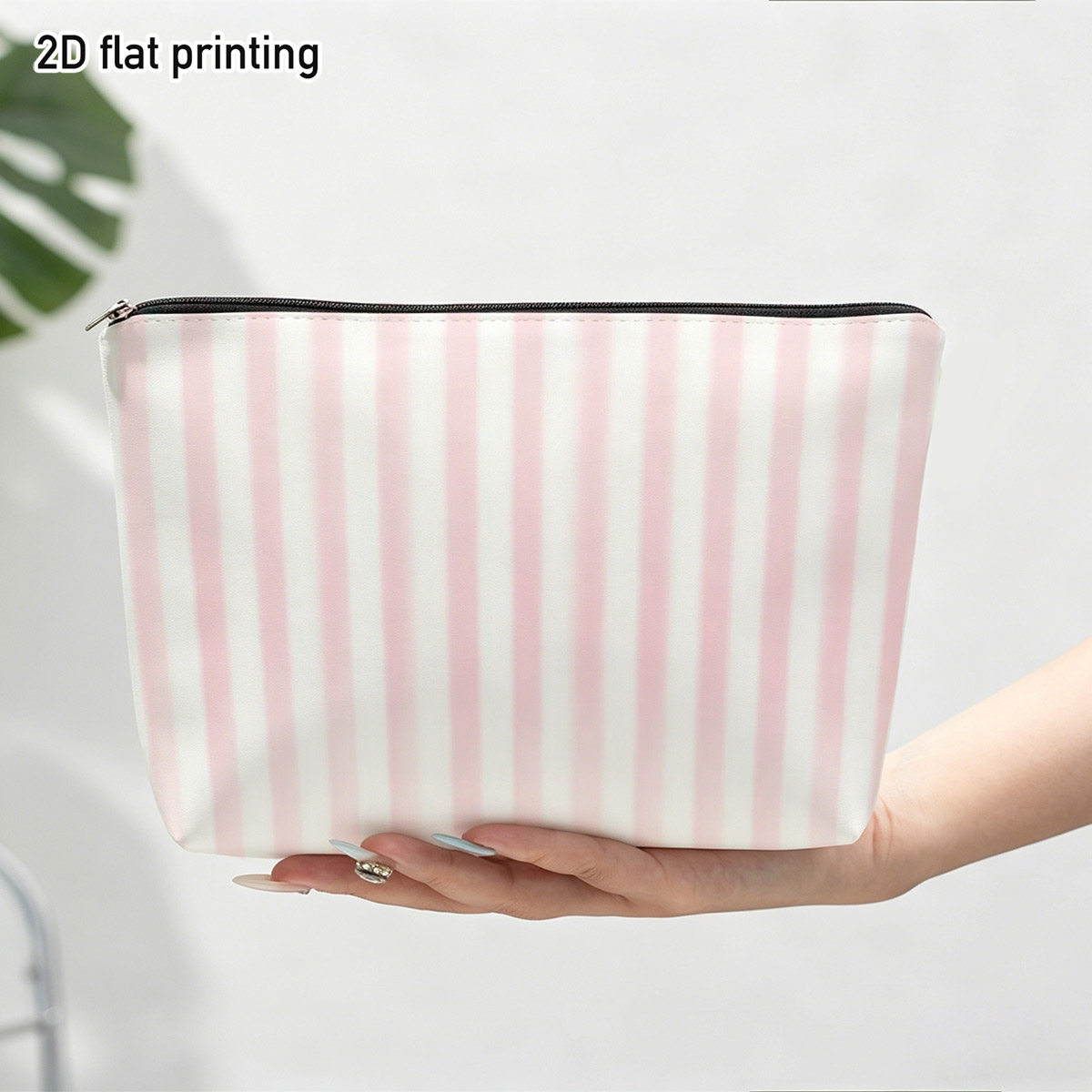TEMU 2d Flat 1pc Minimalist Pink And Lightweight Makeup Bag, Plaid, Soft Pastel Vertical Stripes, Ideal For Storing Daily Cosmetics, , Summer Beach