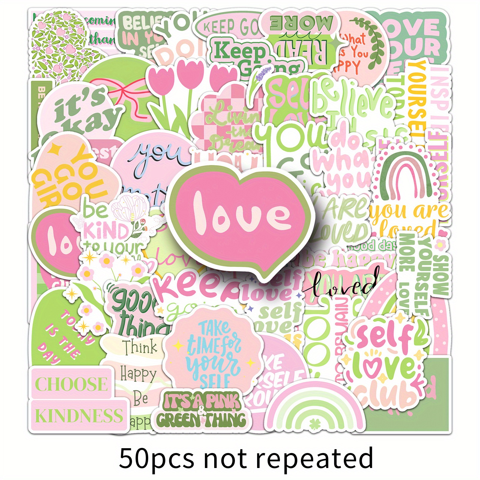 TEMU 50 Pack & Green Motivational Stickers Waterproof Pvc Glossy Self-adhesive Positive Affirmation Quotes With Hearts, Flowers, Faces & Bows - Round