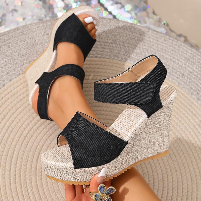 TEMU Women's Wedge Sandals, Black & Beige Woven Platform, Single Toe Strap & Ankle Strap, Multiple Colors/sizes , Stylish For Daily Wear, Elegant