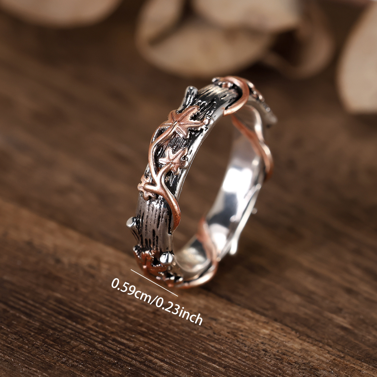 Women's Forest Bark Texture Relief Maple Leaf Ring