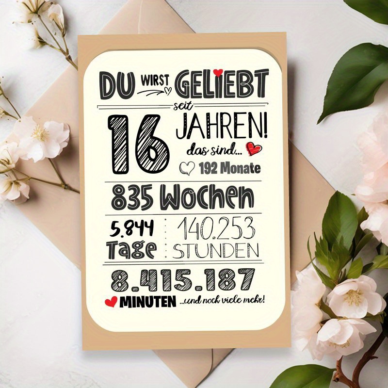 Funny German 16th Birthday Card Spring Gift 1pc German 16th Birthday Card, Perfect For Birthday Spring, Ideal Gift For Friend Brother Sister Son Daughter Grandson Granddaughter Nephew Niece