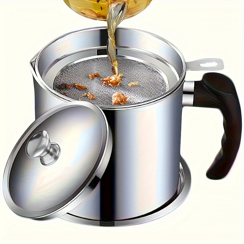 TEMU Stainless Steel Kitchen Oil Container With Filter- Handle, Durable Cooking Storage Jar, Essential Kitchen Accessory For Home Or Restaurant Use,