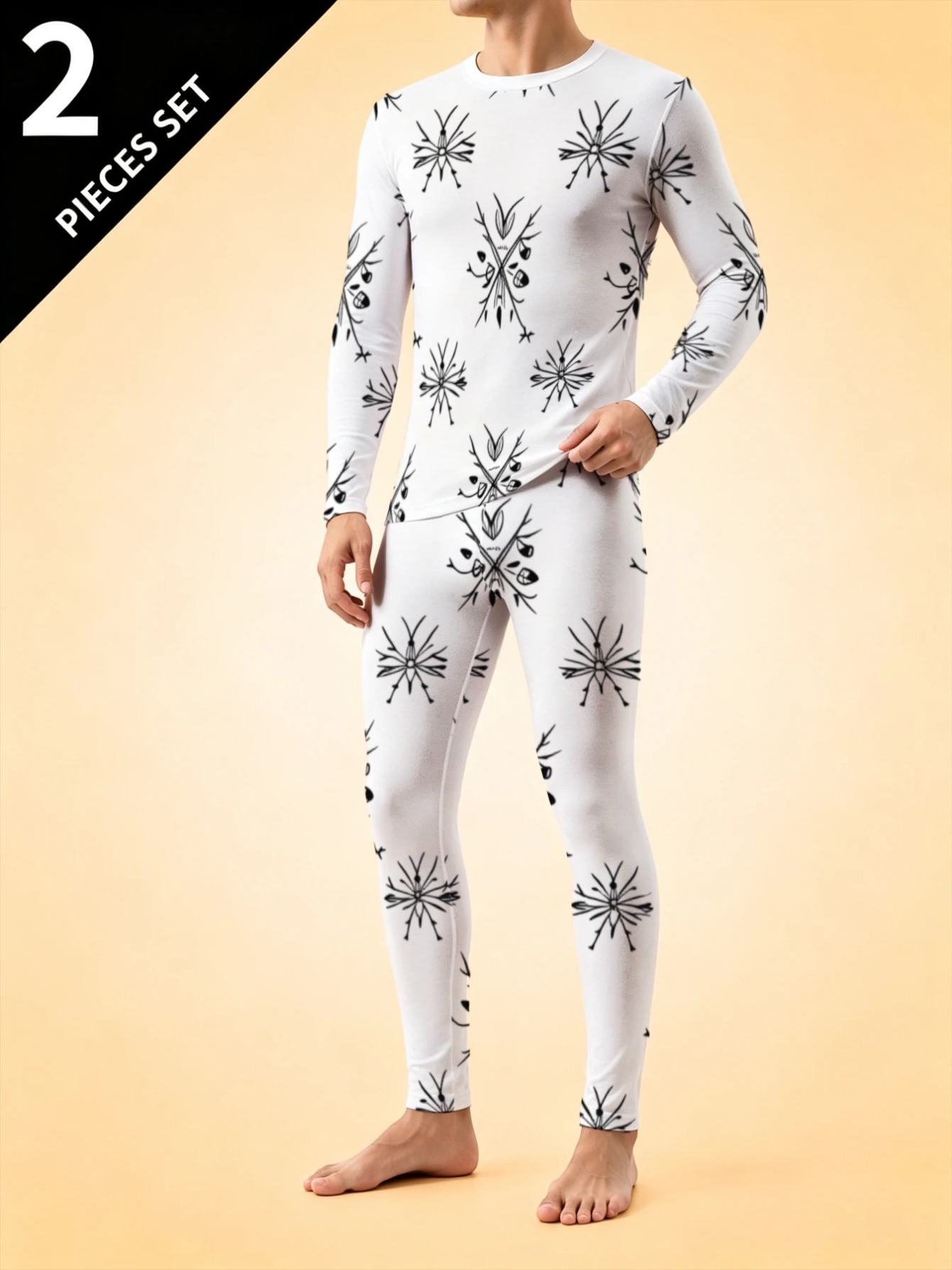 item picture 2 printed design not textured mens long sleeve set with snowflake print lightweight comfortable sleepwear for bedroom living room or lounge  
