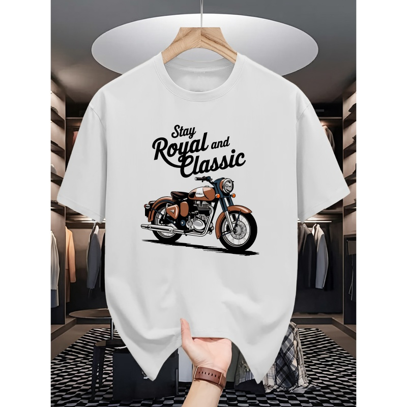 

1pc T- - Knit , Sleeves, Regular Fit - " And " Motorcycle , Pattern, Summer Top For Adults