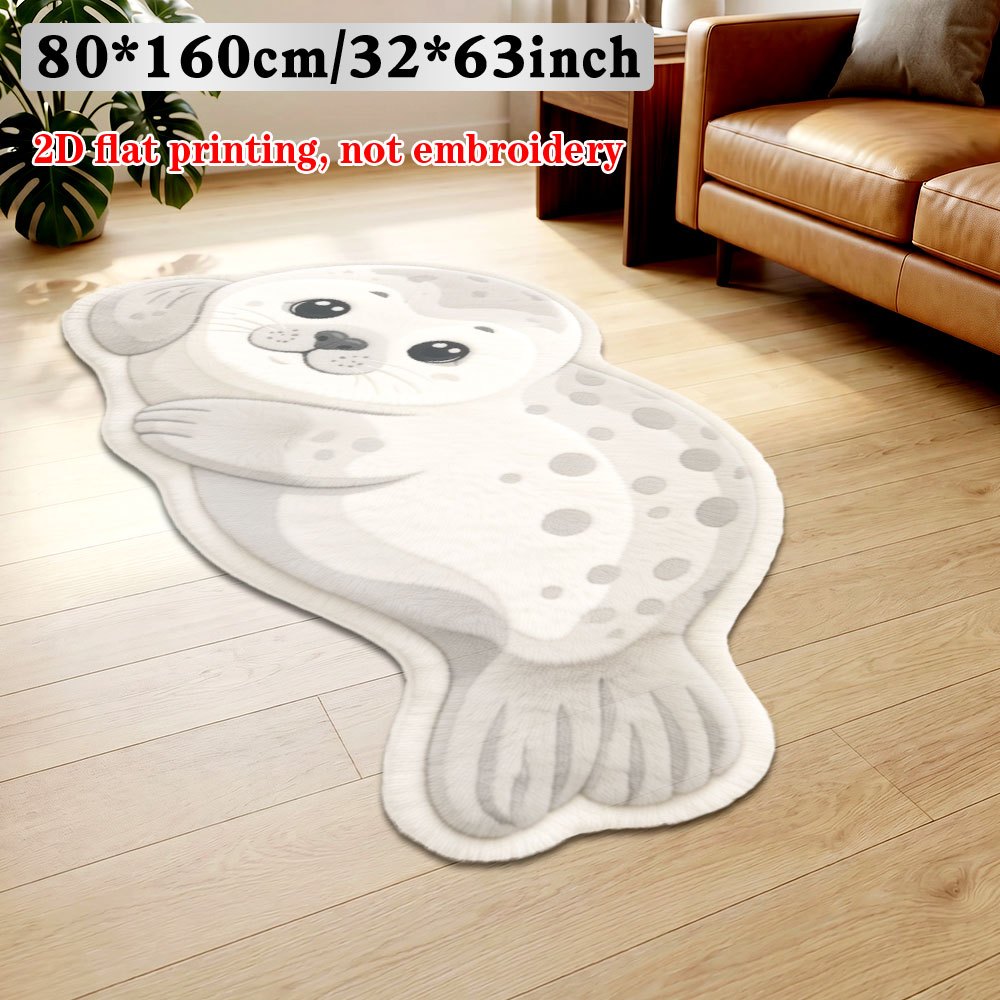 TEMU 2d Flat Printing 1pc Cute Spotted Seal Shaped Velvet Area Rug, Non-slip Machine Washable Cartoon Animal Carpet, Soft Plush Irregular Floor Mat