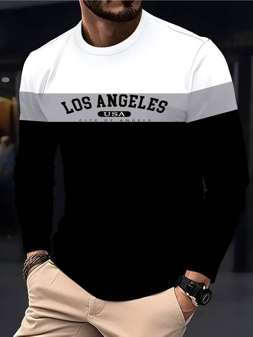 Men S Los Angeles Graphic Long Sleeve Crew Neck Pullover - Striped Design with LOS ANGELES Print, Comfortable Casual Wear for Spring/Fall, Everyday Pullover | Trendy Casual Top | ,