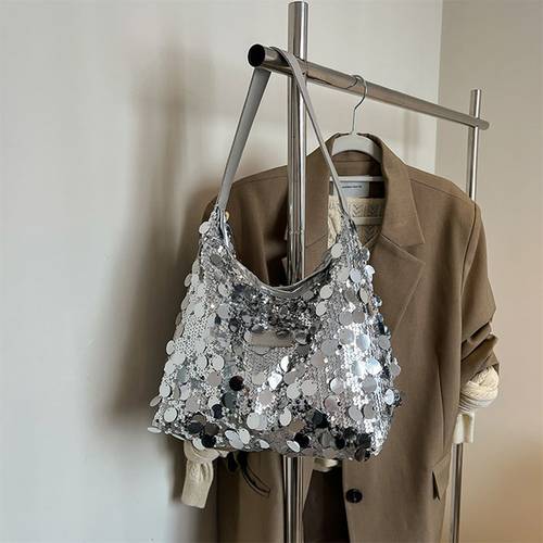 sequin tote bag for women sparkle shoulder hobo bag lightweight handbag with wide strap
