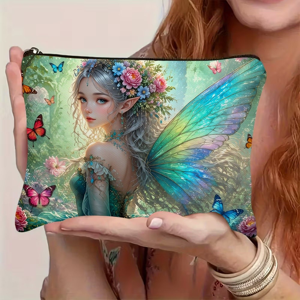 TEMU 1pc 2d Flat Printing Magical Forest Fairy Cosmetic Bag With Zipper Closure, Lightweight Durable Pouch Featuring Silver - Haired Fairy In Teal