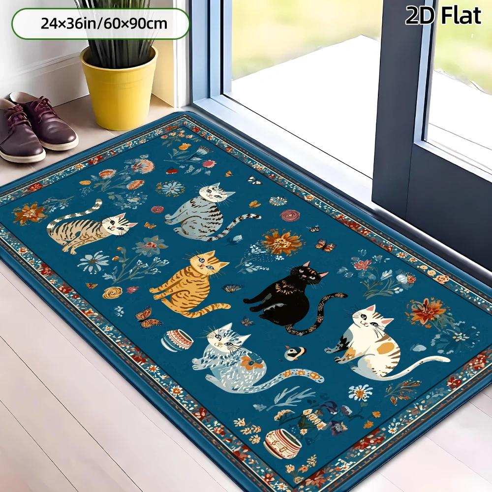 TEMU 2d Flat, Cute Cat Garden Floral Patterned Rugs, Whimsical Vintage Style Decorative Floor Mat With Butterflies And ,, Durable, Soft,