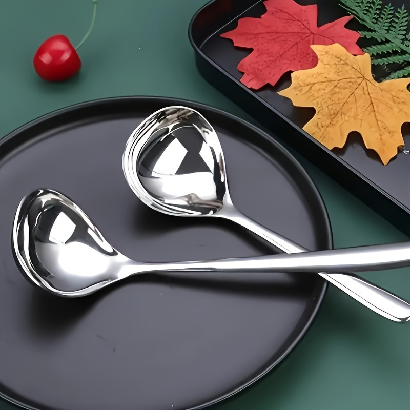 TEMU 2pcs Stainless Steel Soup Spoon Set - Elegant And Durable Long Handle Tableware For Hot Pot, | Multipurpose Serving Spoons Ideal For Home,