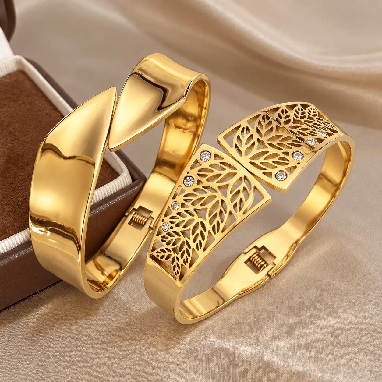 2pcs Men's 304 Stainless Steel Bangle Set, Leaf Inlaid Design