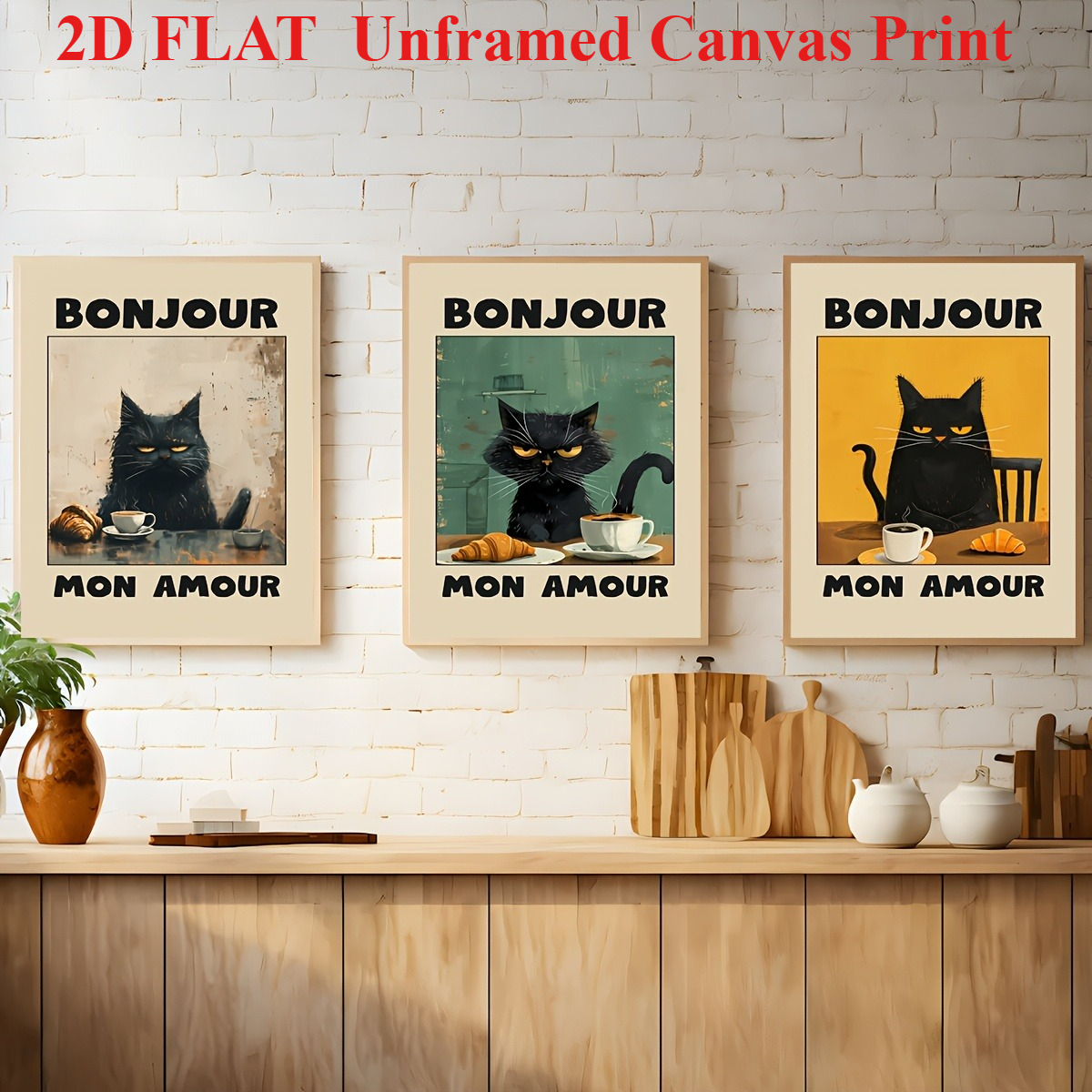 TEMU 2d Flat, 3pcs Mon Black Poster - Beige Frameless Canvas Print Suitable For Living Room,, Cat-themed Decor, Minimalist Gift For Cat Lovers,