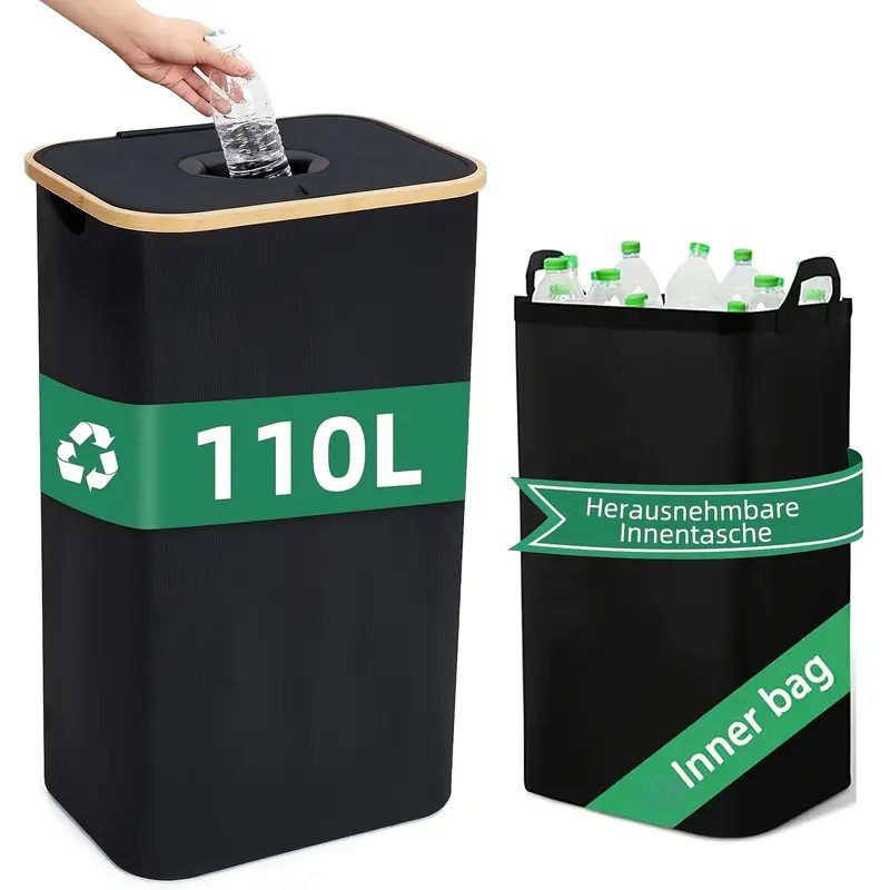 E-shop 110L Großer Rechteckiger Zusammenklappbarer Canvas-Flaschensammelbehälter mit Deckel & XXL Tragetasche – Robuste Faltbare Aufbewahrungsbox für