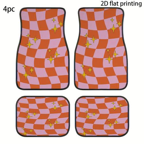 4pcs car floor mats orange and pink checkered pattern universal car mats made of automotive decorative additions suitable for front and rear seat interior additions car interior components use easy to clean