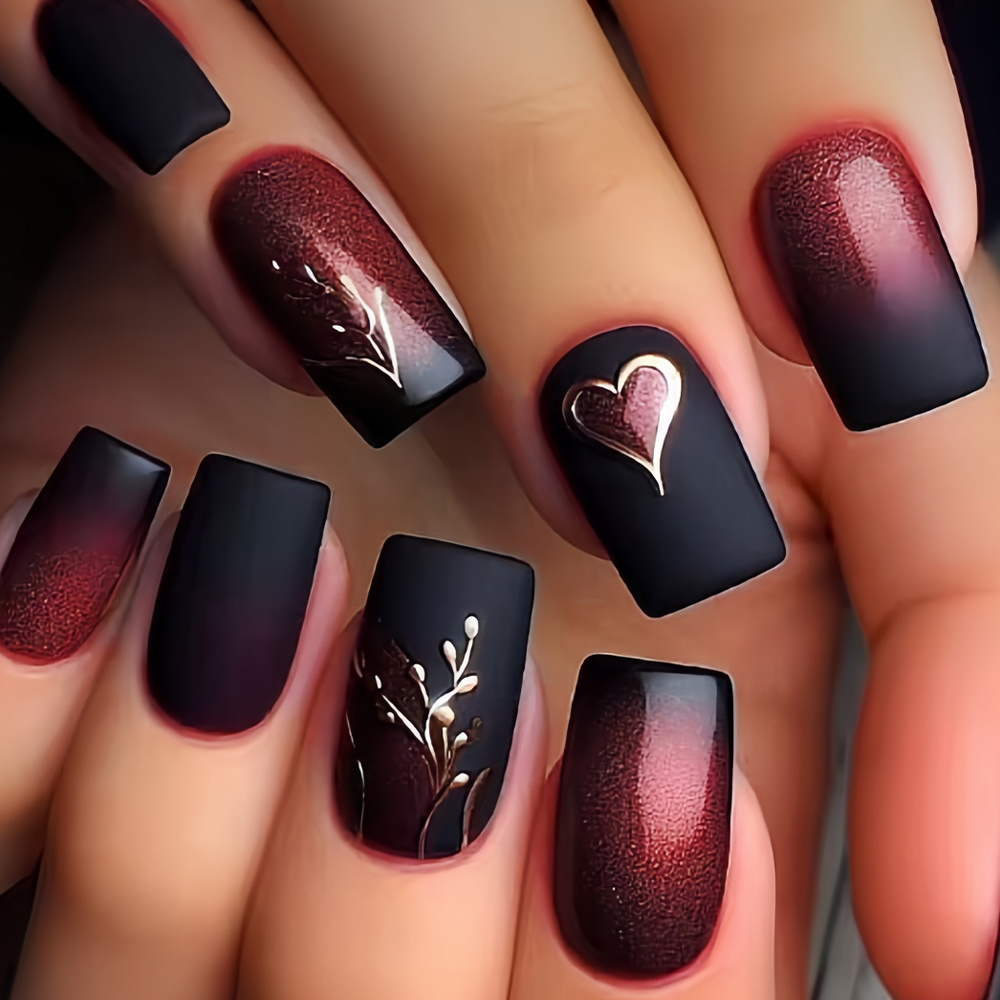TEMU Show Your Beauty 24pcs Medium Square Elegant Cool Wine Ombre Smudged Heart Striped Glossy False Nails, Fashionable And Versatile Press-on Nails