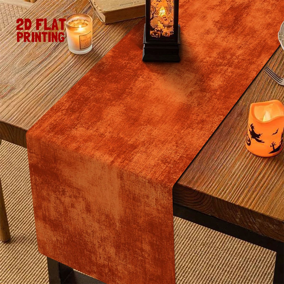 TEMU 1pc Japanese-style Solid Warm Orange Textured 2d Printed Table Runner | Table Runner | Halloween Pumpkin Color Vintage , Soft Atmosphere | Warm