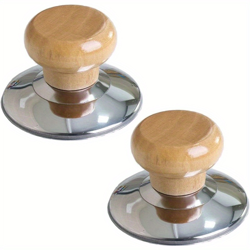 TEMU 1/2pcs Wooden Pot Lid Knob - Heat-resistant Wooden Handle With Stainless , Anti-scalding Replacement For Pots & Pans, 2.25" Diameter, Kitchen