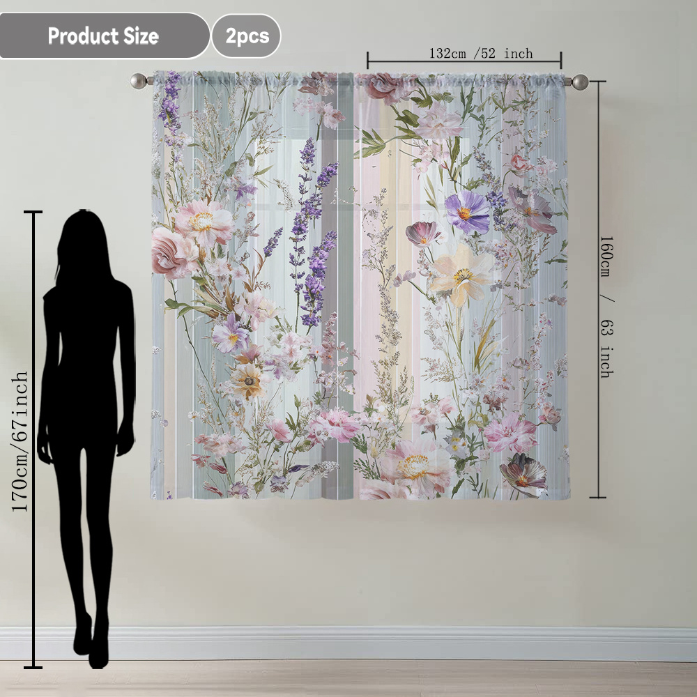 TEMU 2pcs Pastoral Floral Striped Nordic Printed Home Decor Sheer Curtains, Simple Artistic Style Flowing Window Voile, Suitable For Kitchen, Cafe,