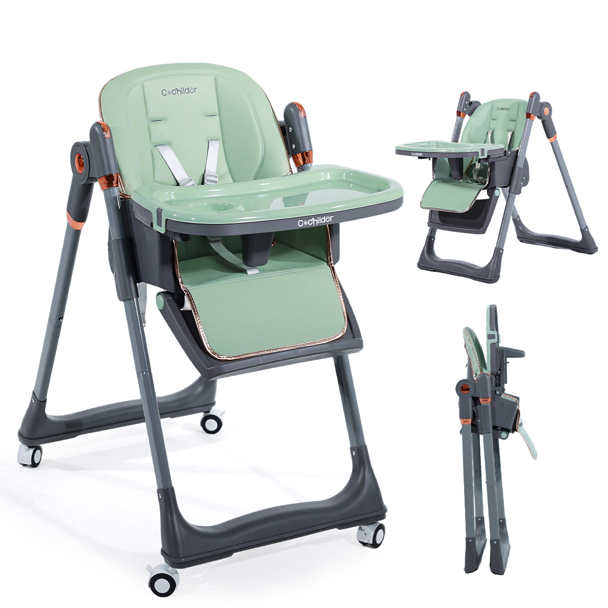 TEMU Cochildor Baby High Chair, 3-in-1 Foldable Booster Seat With Adjustable Height, Recliner, 5-point Safety Harness, Removable Tray, Lockable