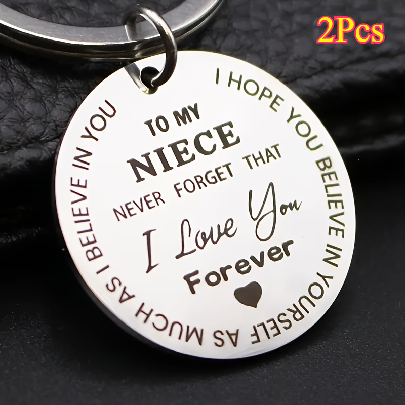 TEMU 2pcs Stainless Steel 'to My Niece' Engraved Keychain - Perfect Birthday Or Graduation Gift , Fashionable Accessory For Handbags & Backpacks