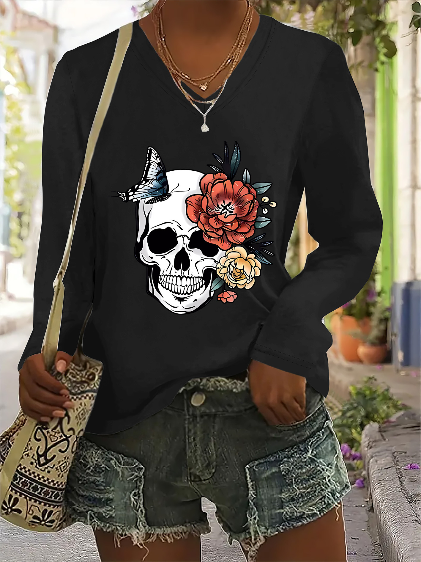 トップス 20AW SKULL FLOWER long shirt Multicolor Floral & Skull Fall Long sleeve Top size M NWOT