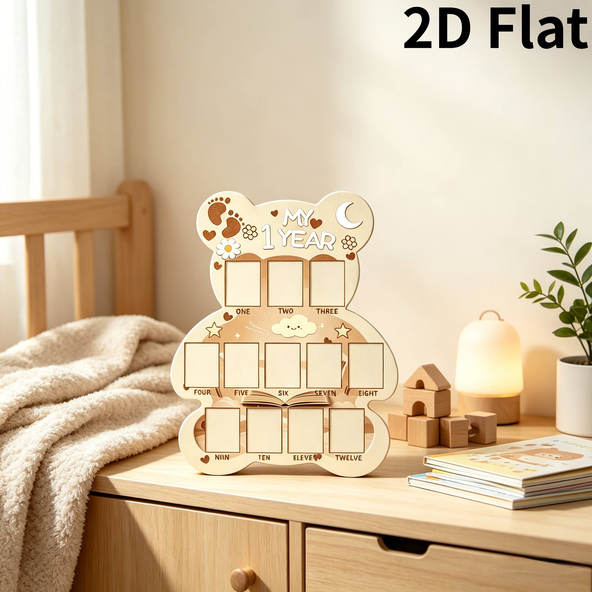 TEMU 2D Plat, Houten Plaquette als Groeiaandenken voor de Eerste Verjaardag van een Beer, Babyfotolijst voor 1-12 Maanden, Herdenkingsornament Cadeau
