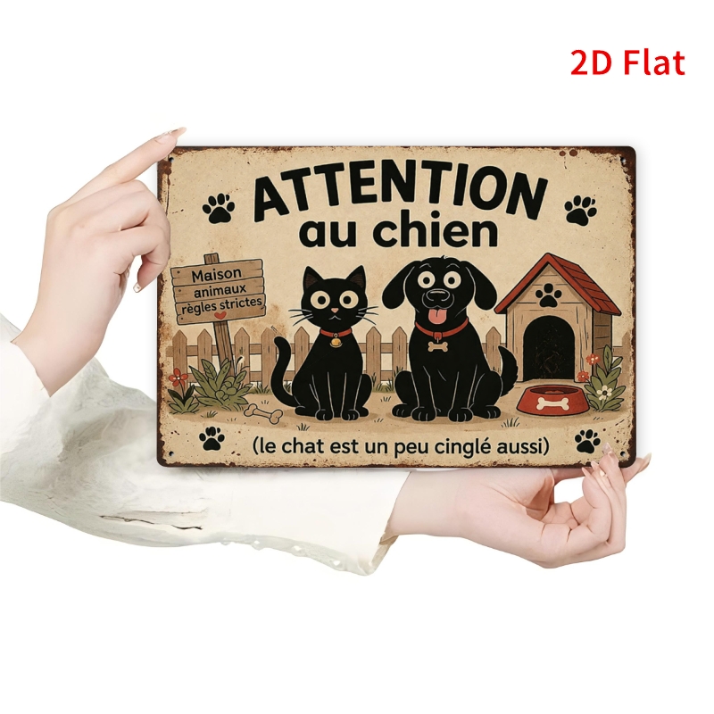 TEMU Plat 2D, [2Dflat] 1 pièce 30x20cm - Panneau métallique humoristique "Attention au chien", Plaque en étain d'humour français pour chat et chien,