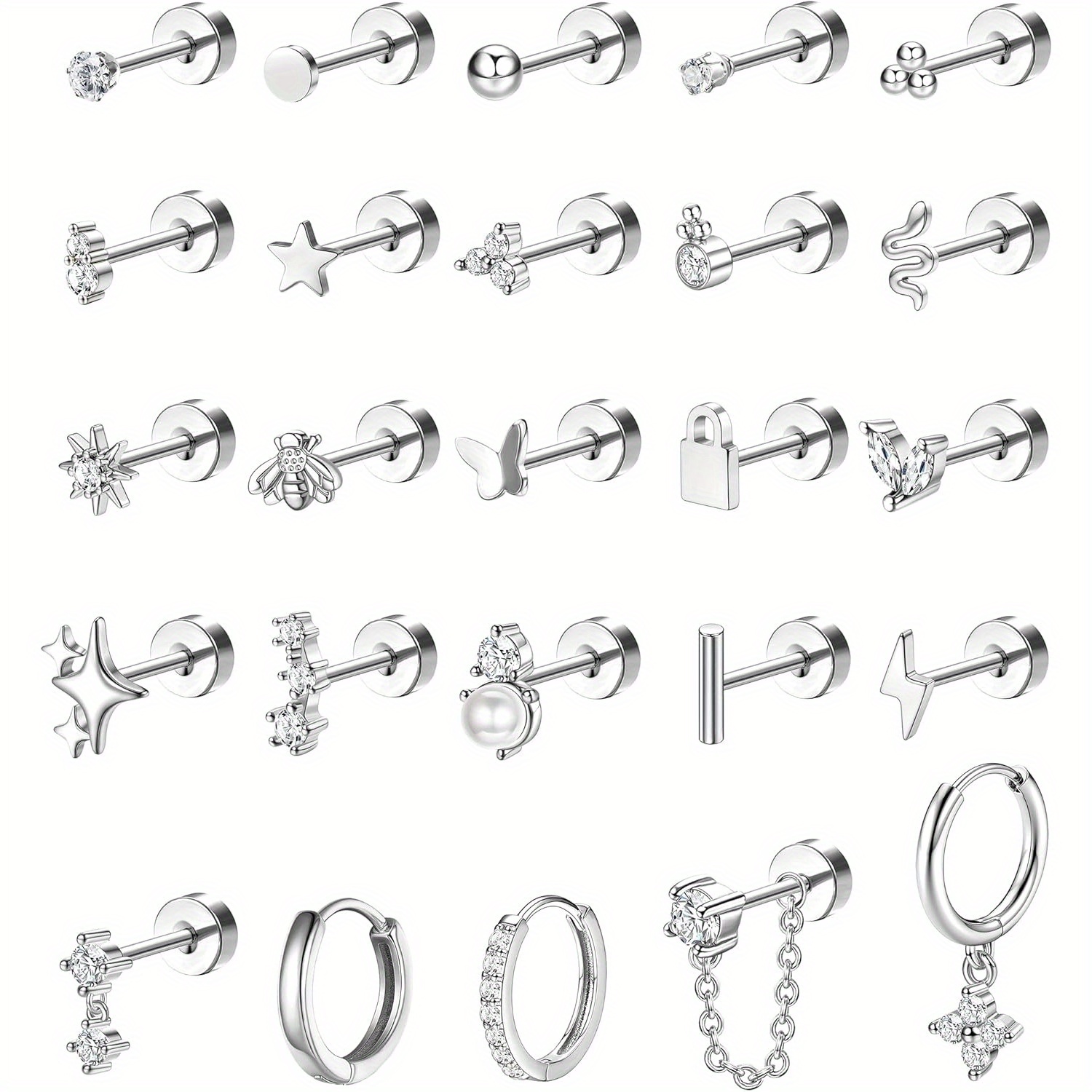 2d Flat - 25pcs Of Hypoallergenic Earrings Designed For Sensitive Ears, Made From Surgical Stainless Steel. Delicate Flat Back Studs And Hoop Cartilage Earrings Are Suitable For Piercings