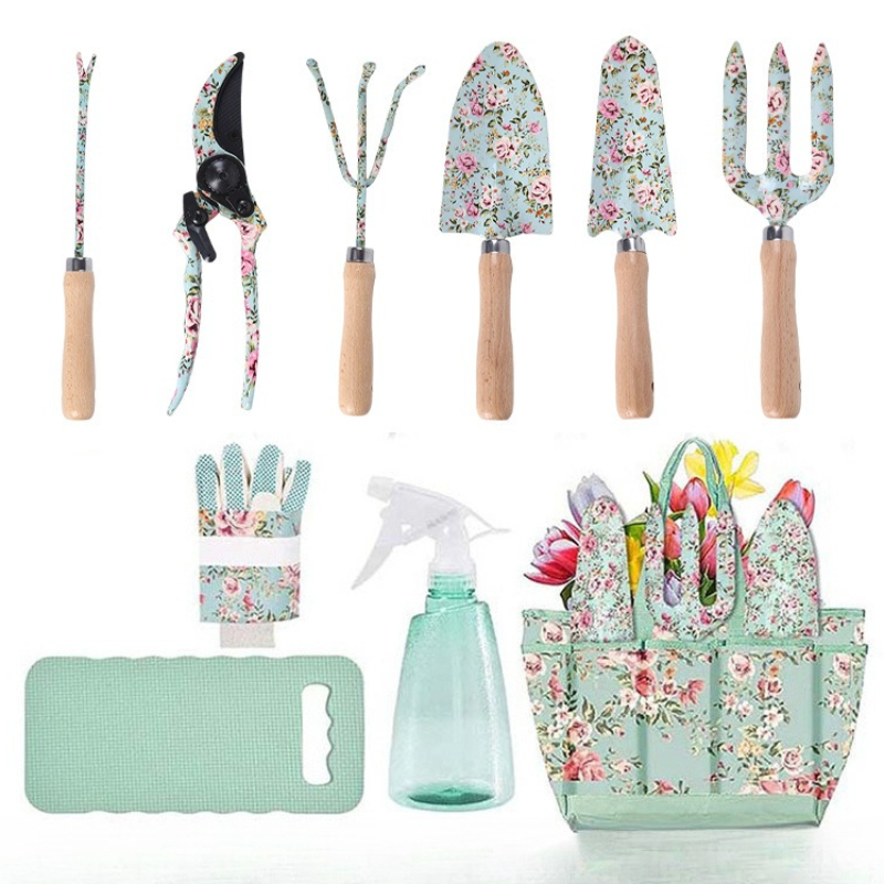 6pcs Gardening Planting Tool Set with Printed Wooden Handles, Includes Iron Shovel, Rake and Scissors for Garden Use