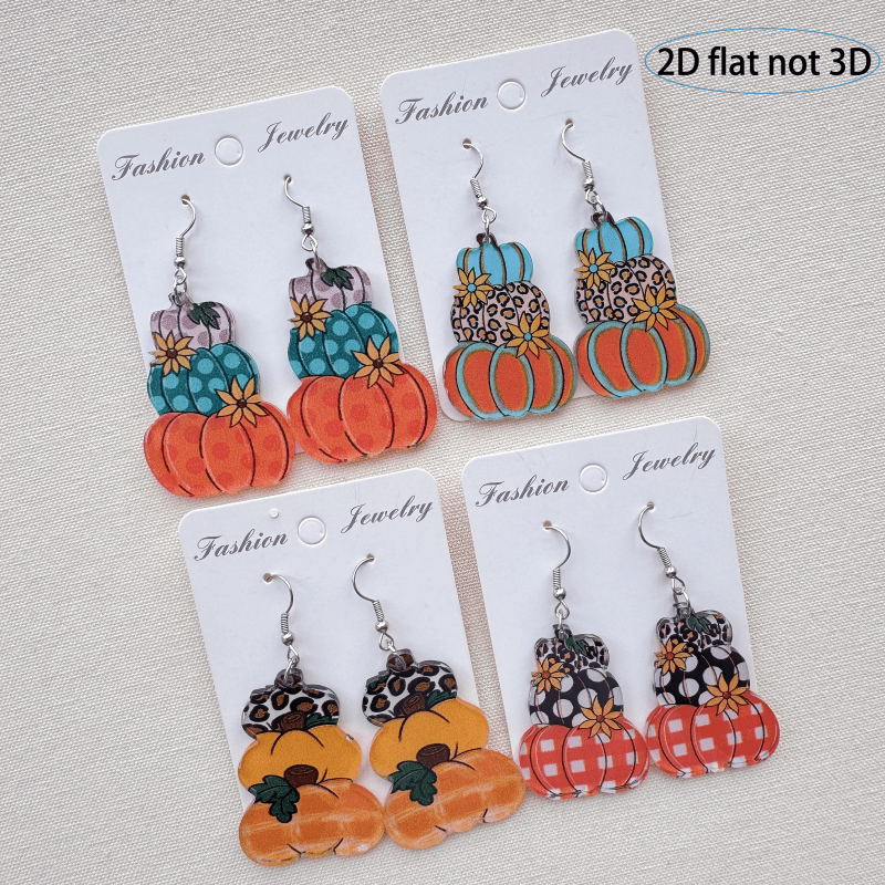 2d Flat - 4 Pairs 2d Flat Acrylic Pumpkin Earrings, Personalized Printed, Autumn Fashion Must-haves