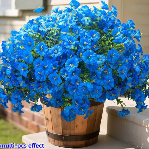 28pcs uv resistant artificial flowers blue faux plastic plants with eucalyptus for outdoor indoor porch patio planter window box garden home decor