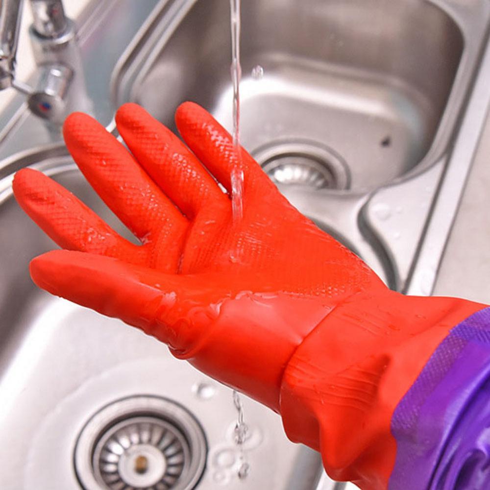 1 pair waterproof pet rubber gloves with fleece lining lead free long sleeve thickened household cleaning gloves for kitchen bathroom toilet car patio   winter proof   details 5