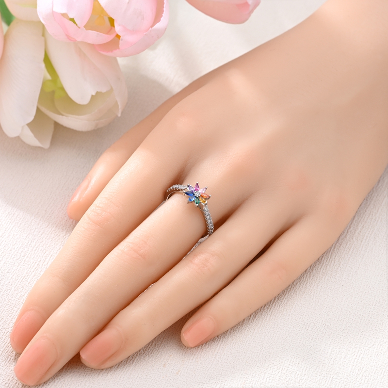Women's 925 Silver Elegant Hopeful Rainbow Flower Ring