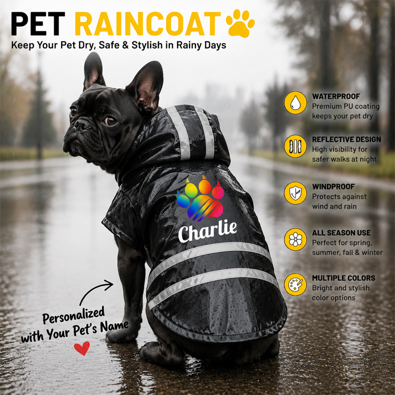 TEMU With Print - Reflective Dog Raincoat - Stylish Hooded Pet Cape For All Breeds, Keeping Your Pet Comfortable And