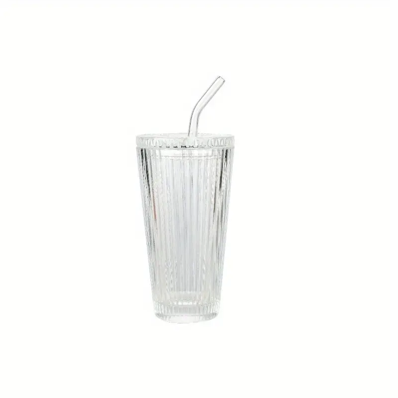 2pcs ribbed 21oz glass tumblers with lids straws clear reusable hand wash only iced beverages beverage serving ribbed glassware durable glass Product details 6