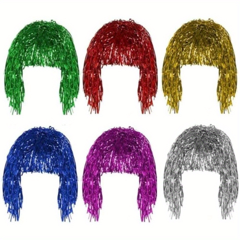 Image of 6pcs Foil Tinsel Wigs - Fancy Dress Shiny Party Hairpiece For Adults, Men, Women - Halloween Cosplay Headwear, Masquerade Additions