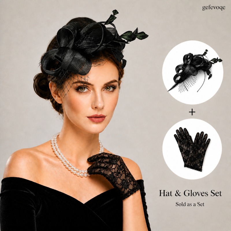 2pcs womens fascinator hat lace gloves set elegant feather  display picture 3