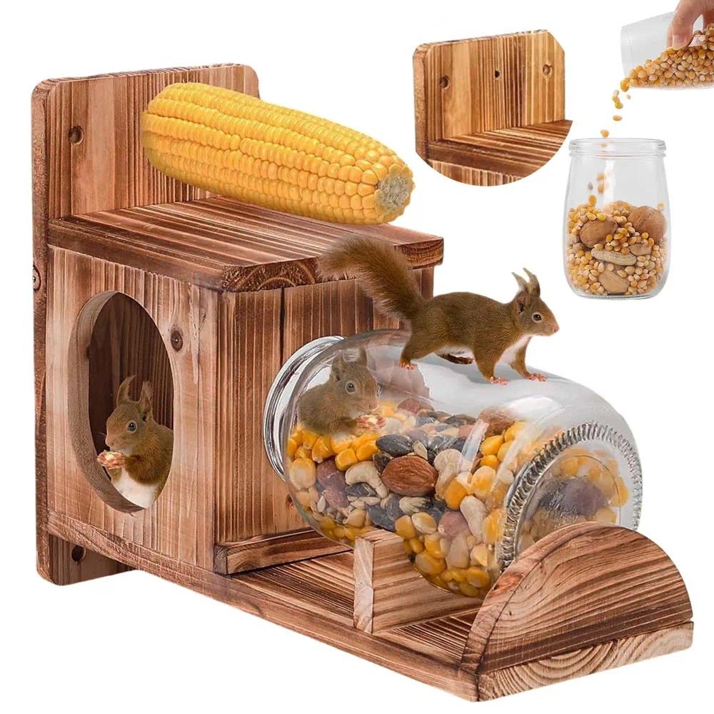 Image of Wood Squirrel Feeder With Glass Jar & Semi-enclosed Design - Weatherproof Outdoor Birdproof Cage Accessory Suitable For, Balcony, For Use - Feeding System For Small Pets, -fill Jar