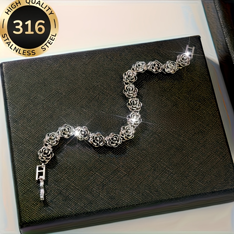TEMU 1pc Fresh Flower Bracelet, Rose Women's Fashion Bracelet, High-quality Steel Jewelry, Romantic Rose Flower Suitable For Birthday, Valentine's