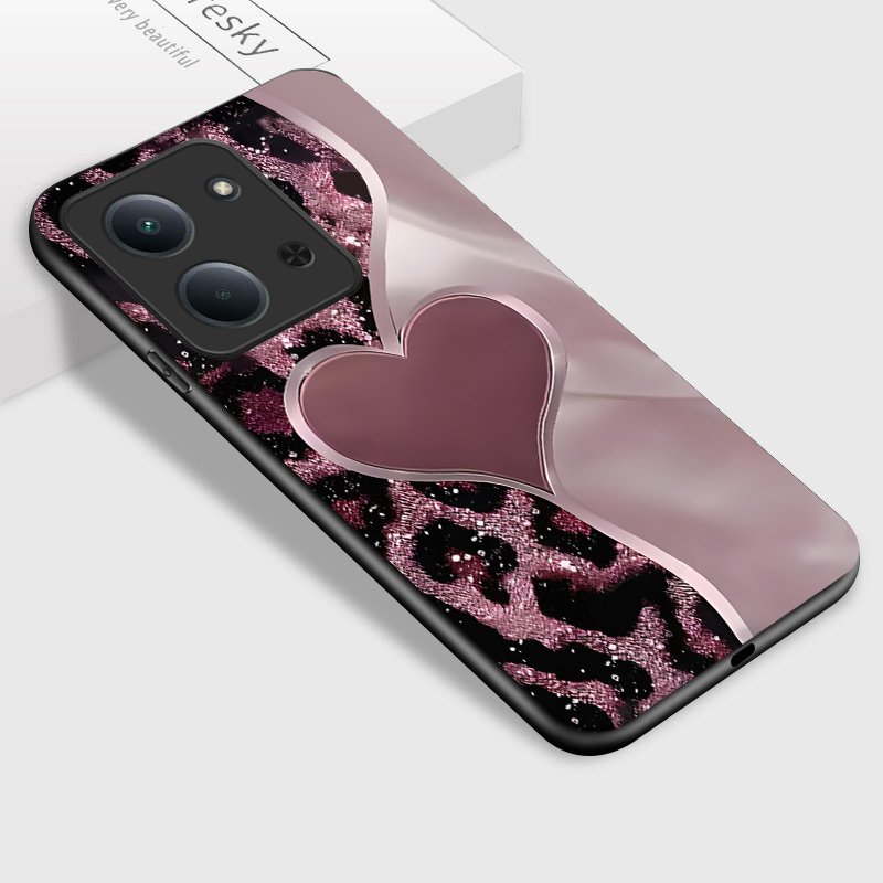 TEMU For Redmi 15c 4g Phone Case, Stylish Pink Heart And Leopard Pattern Glossy Glass Back Cover
